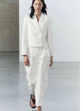 Zara White Double-Breasted Cropped Blazer & Relaxed Trousers Set